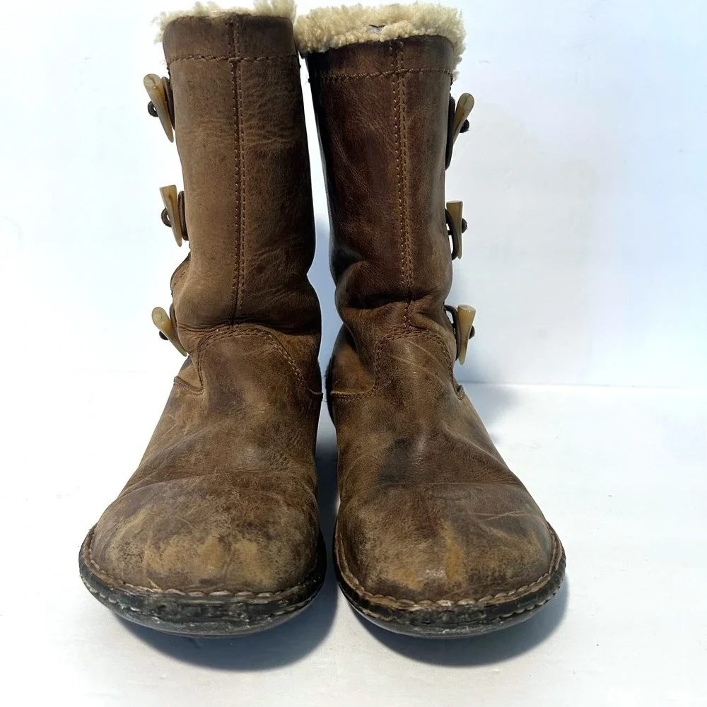 UGG Sunburst Tall Boots Womens 7 Brown Leather Shearling Toggle Fair 5156